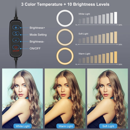 PULUZ 7.9 inch 20cm USB 3 Modes Dimmable Dual Color Temperature LED Curved Light Ring Vlogging Selfie Photography Video Lights with Mirror