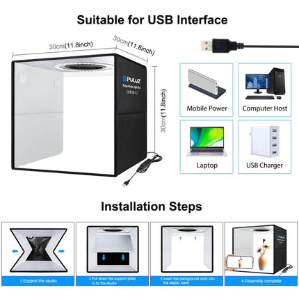 PULUZ 30cm Folding Ring Light Photo Lighting Studio Shooting Tent Box Kit with 6 Colors Black / White / Orange / Red / Green / Blue Backdrops, 30cm Box Black