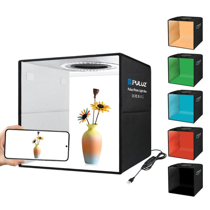 PULUZ 30cm Folding Ring Light Photo Lighting Studio Shooting Tent Box Kit with 6 Colors Black / White / Orange / Red / Green / Blue Backdrops, 30cm Box Black