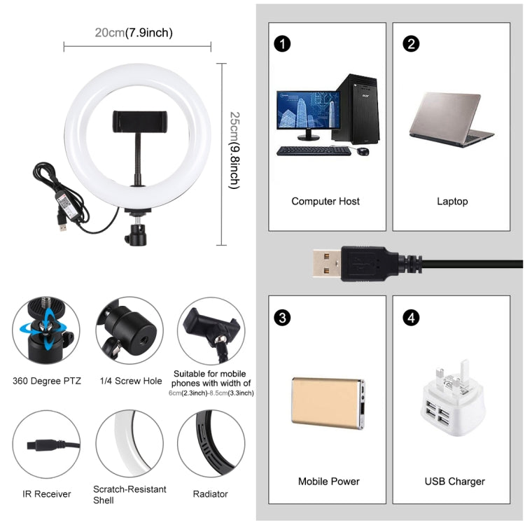 Anillo de luz LED curvo de 7,9 pulgadas y 20 cm con USB RGB regulable y temperatura de color dual PULUZ, para fotografía, video, selfies y vlogs, con abrazadera para teléfono, RGBW de 7,9 pulgadas