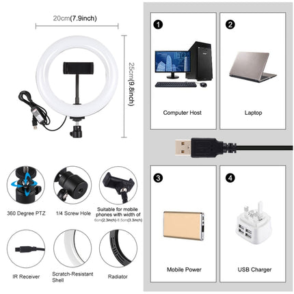 PULUZ 7.9 inch 20cm USB RGB Dimmable LED Dual Color Temperature LED Curved Light Ring Vlogging Selfie Photography Video Lights with Phone Clamp