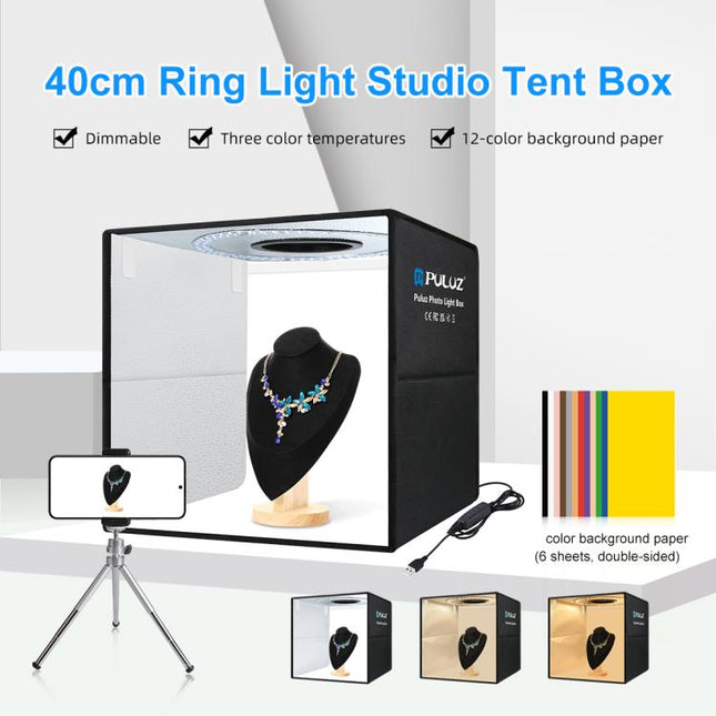 PULUZ 40cm Folding Portable Ring Light USB Photo Lighting Studio Shooting Tent Box with 6 x Dual-side Color Backdrops, Size: 40cm x 40cm x 40cm, 40cm