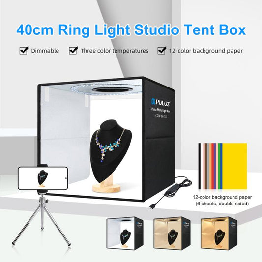 PULUZ 40cm Folding Portable Ring Light USB Photo Lighting Studio Shooting Tent Box with 6 x Dual-side Color Backdrops, Size: 40cm x 40cm x 40cm, 40cm