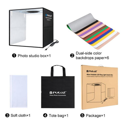 PULUZ 40cm Folding Portable Ring Light USB Photo Lighting Studio Shooting Tent Box with 6 x Dual-side Color Backdrops, Size: 40cm x 40cm x 40cm, 40cm