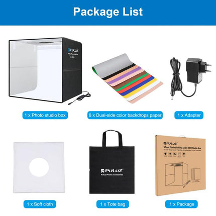 PULUZ 50 cm zusammenklappbares tragbares Ringlicht PD30W, Schnelllade-USB-Fotobeleuchtung, Studio-Shooting-Zeltbox mit 6 x doppelseitigen Hintergründen, Größe: 50 cm x 50 cm x 50 cm