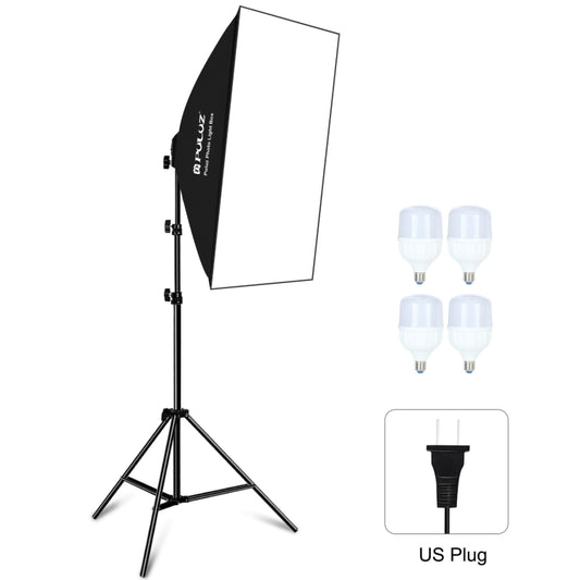 PULUZ 50x70cm Studio Softbox + 2m Tripod Mount + 4 x E27 20W 5700K White Light LED Light Bulb Photography Lighting Kit, 4 x Bulb US Plug, 4 x Bulb EU Plug