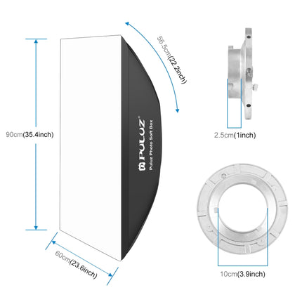 Softbox rectangular para flash PULUZ con montura Bowens y difusor, 60 x 90 cm
