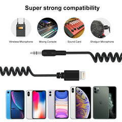 PULUZ 3.5mm TRRS Male to 8 Pin Male Live Microphone Audio Adapter Spring Coiled Cable for iPhone, Cable Stretching to 100cm, 3.5mm Male to 8 Pin