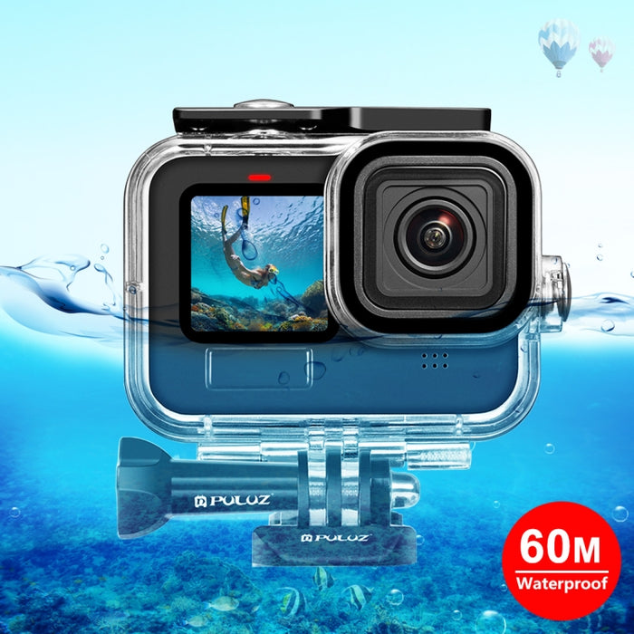 Für GoPro HERO13 Schwarz /12 Schwarz /11 Schwarz /10 Schwarz /9 Schwarz PULUZ 60m wasserdichtes Gehäuse Schutzhülle mit Schnalle Grundhalterung und Schraube, für GoPro HERO9 Schwarz