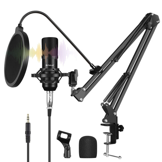 PULUZ Studio Broadcast Professionelle Gesangsmikrofon-Kits mit aufgehängtem Scherenarm und Metall-Stoßdämpferhalterung und USB-Soundkarte, Mikrofon-Kits (Silber), Mikrofon-Kits (Schwarz), Mikrofon-Kits (Gold)