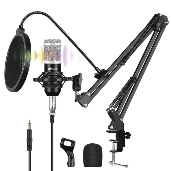 PULUZ Studio Broadcast Professionelle Gesangsmikrofon-Kits mit aufgehängtem Scherenarm und Metall-Stoßdämpferhalterung und USB-Soundkarte, Mikrofon-Kits (Silber), Mikrofon-Kits (Schwarz), Mikrofon-Kits (Gold)