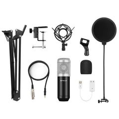 PULUZ Studio Broadcast Professional Singing Microphone Kits with Suspension Scissor Arm & Metal Shock Mount & USB Sound Card, Microphone Kits (Silver), Microphone Kits (Black), Microphone Kits (Gold)