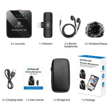Micrófono de solapa inalámbrico PULUZ para iPhone/iPad, receptor de 8 pines y micrófonos duales, 8 pines 2 TX + 1 RX