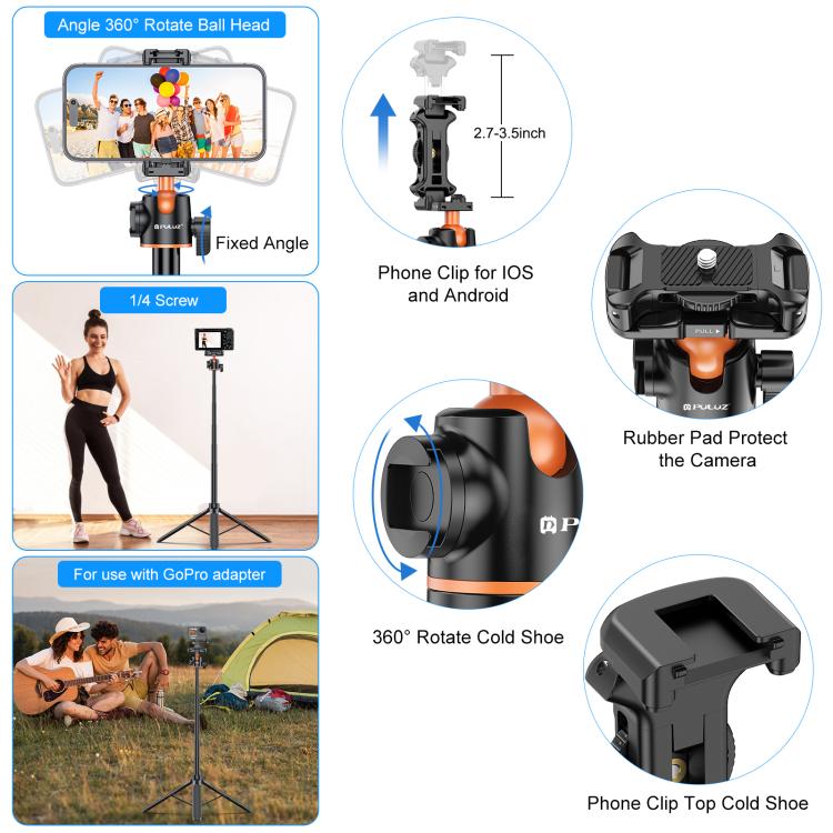 PULUZ 1,3 m Telefon-Selfie-Stick-Stativ Vlog Live-Streaming-Halter mit Telefonclip, 1,4 m Telefonstativ