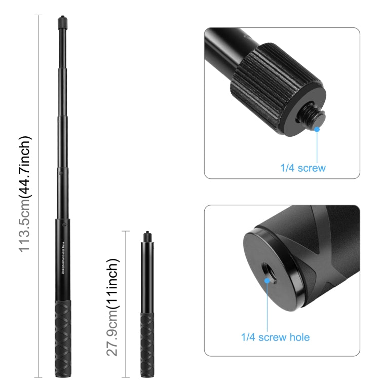 Palo selfie monopie de metal PULUZ de 110 cm con base adaptadora invisible y tornillo para Insta360 One RS / X2 / X3 / X4, monopie de 110 cm