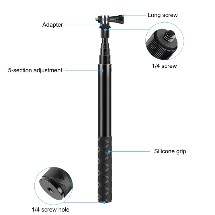 Palo selfie monopie de metal PULUZ de 110 cm con base adaptadora invisible y tornillo para Insta360 One RS / X2 / X3 / X4, monopie de 110 cm