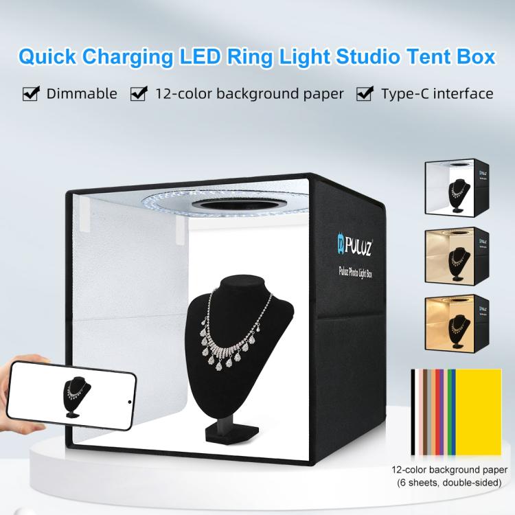 PULUZ 40cm Folding Portable Ring Light PD20W Quick Charge USB Photo Lighting Studio Shooting Tent Box with 6 x Color Backdrops, Size: 40cm x 40cm x 40cm