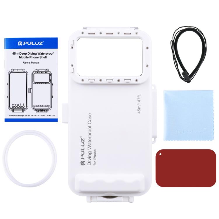PULUZ 45m/147ft Waterproof Diving Case Photo Video Taking Underwater Housing Cover for iPhone 14 Series, iPhone 13 Series, iPhone 12 Series, iPhone 11 Series, iPhone X Series, iPhone 8 & 7, iPhone 6s, iOS 13.0 or Above Version iPhone