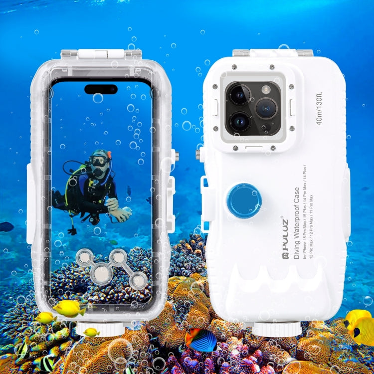 PULUZ 40m/130ft Waterproof Diving Case for 15 Pro Max / 15 Plus / iPhone 14 Plus / 14 Pro Max / 13 Pro Max / 12 Pro Max / 11 Pro Max, with One-way Valve Photo Video Taking Underwater Housing Cover, For iPhone 14 Plus / 14 Pro Max