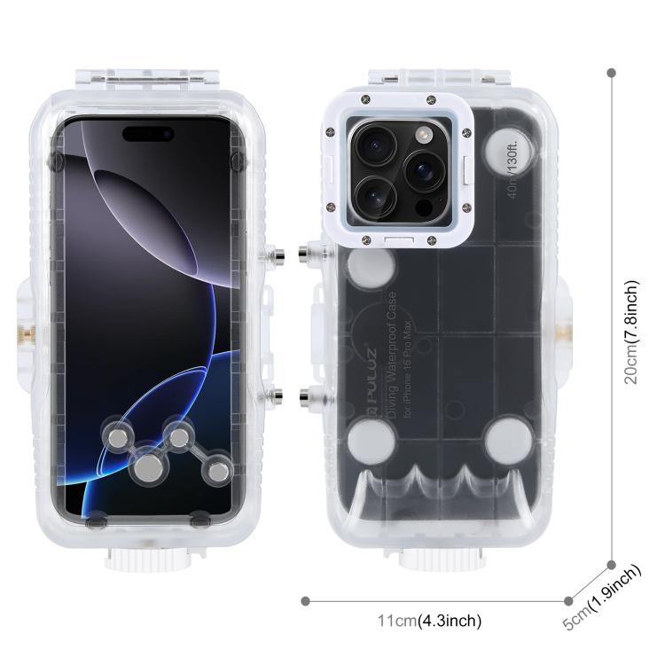 For iPhone 16 Pro Max PULUZ 40m/130ft Waterproof Diving Case with One-way Valve Photo Video Taking Underwater Housing Cover, For iPhone 16 Pro Max (Transparent)