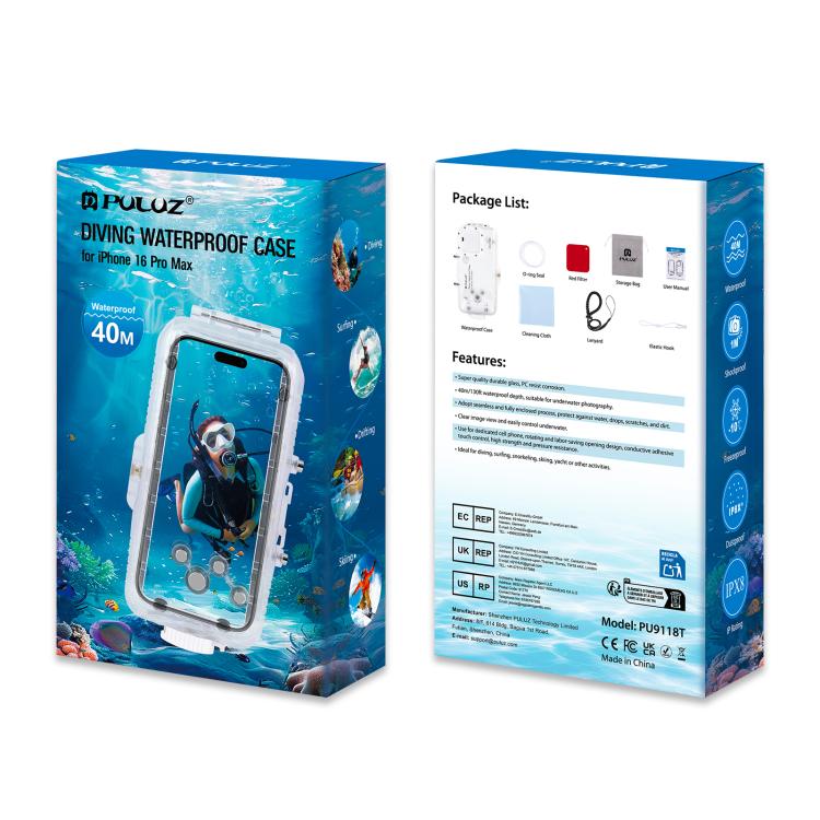 For iPhone 16 Pro Max PULUZ 40m/130ft Waterproof Diving Case with One-way Valve Photo Video Taking Underwater Housing Cover, For iPhone 16 Pro Max (Transparent)