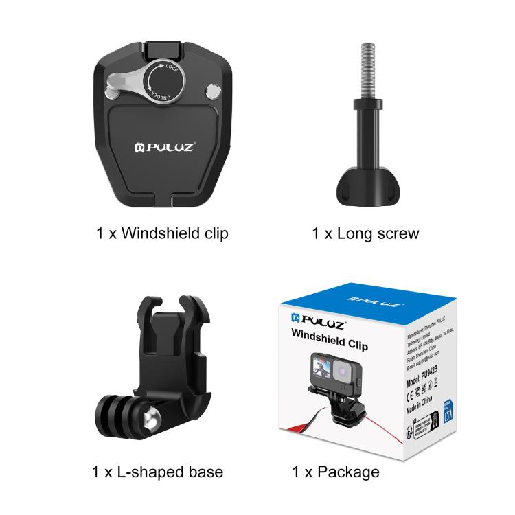 PULUZ Motorrad-Windschutzscheiben-Actionkamera-Halterungsclip für GoPro Hero12 Black / DJI Osmo Action 4 / Insta360 X4 / Ace Pro und andere Actionkameras, Windschutzscheiben-Halterungsclip