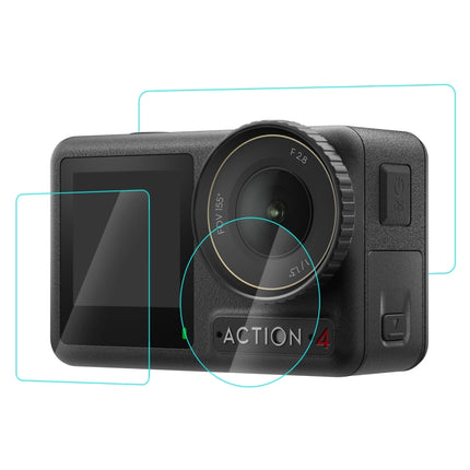 Para DJI Osmo Action 4 PULUZ 3 en 1 Lente frontal y trasera Pantalla de vidrio templado Película a prueba de explosiones, para DJI Osmo Action 4
