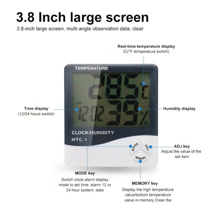 3.8 inch LCD Digital Temperature & Humidity Meter with Clock / Calendar (HTC-1)