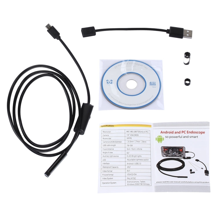 Cámara de inspección con tubo de serpiente y endoscopio micro USB a prueba de agua con 6 LED para teléfono Android OTG, longitud: 1 m, diámetro de la lente: 7 mm, 7 mm