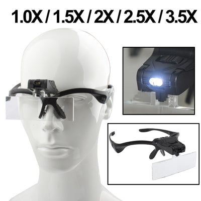 Multi-functional 1.0X / 1.5X / 2.0X / 2.5X / 3.5X Magnifier Glasses with 2-LED Lights, Random Color Delivery, 5 Lens 1.0X-3.5X (9892B)