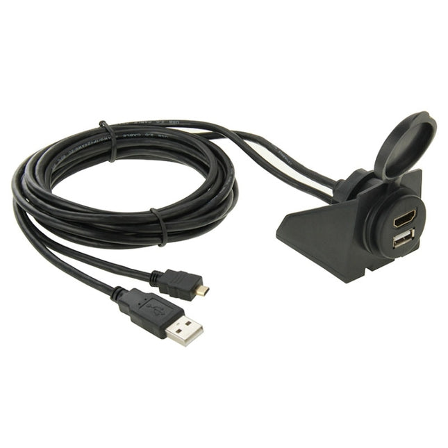 USB 2.0 & Micro HDMI (Type-D) Male to USB 2.0 & HDMI (Type-A) Female Adapter Cable with Car Flush Mount, Length: 2m, USB 2.0 & Micro HDMI Male to USB 2.0 & HDMI Female