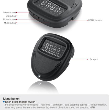 A1 2.0 inch Car GPS HUD Head Up Display Vehicle-mounted Security System, Support Speed & Real Time & Altitude & Over Speed Alarm & Compass & MPH & Auto Sleeping & KM & Satellite Signal