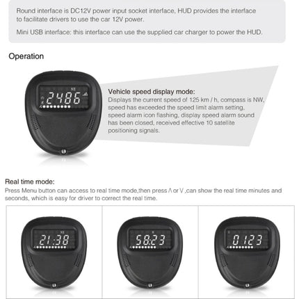 A1 2.0 inch Car GPS HUD Head Up Display Vehicle-mounted Security System, Support Speed & Real Time & Altitude & Over Speed Alarm & Compass & MPH & Auto Sleeping & KM & Satellite Signal