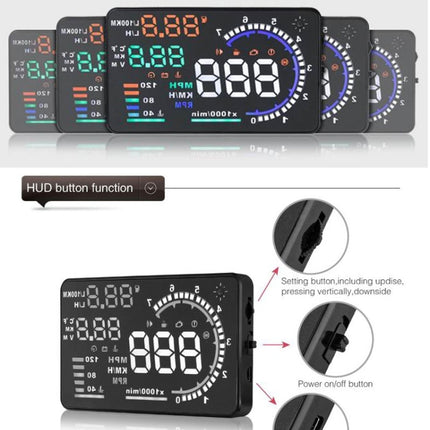 A8 5.5 inch Car OBDII HUD Warning System Vehicle-mounted Head Up Display Projector with LED, Support Fuel Consumption & Over Speed Alarm & Water Temperature & Fault Diagnosis