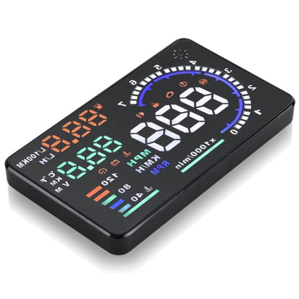 A8 5.5 inch Car OBDII HUD Warning System Vehicle-mounted Head Up Display Projector with LED, Support Fuel Consumption & Over Speed Alarm & Water Temperature & Fault Diagnosis
