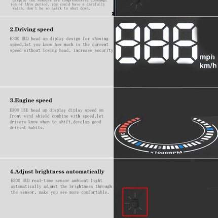 E300 5.5 inch Car OBDII / EUOBD HUD Vehicle-mounted Head Up Display Security System, Support Speed & Fuel Consumption, Overspeed Alarm,  Fuel Consumption, Water Temperature, etc.