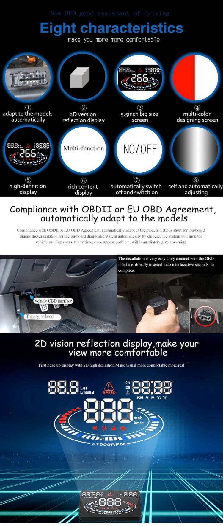 E300 5.5 inch Car OBDII / EUOBD HUD Vehicle-mounted Head Up Display Security System, Support Speed & Fuel Consumption, Overspeed Alarm,  Fuel Consumption, Water Temperature, etc.
