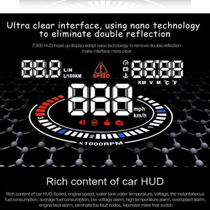E300 5.5 inch Car OBDII / EUOBD HUD Vehicle-mounted Head Up Display Security System, Support Speed & Fuel Consumption, Overspeed Alarm,  Fuel Consumption, Water Temperature, etc.