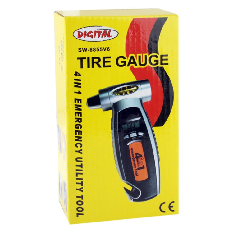 4 in 1 (Digital Tire Gauge + Flashlight + Emergency Hammer + Emergency Seat Belt Cutter) Emergency Utility Tool, 4 in 1