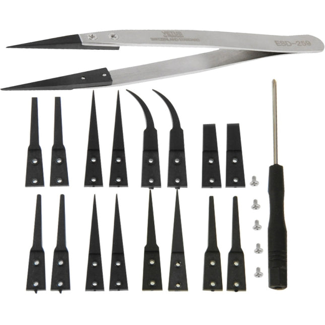 9 in 1 Replaceable Anti-Static Tweezers with Cross Screwdriver, 9 in 1