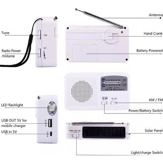 Multi-function Portable Solar / Cranked Dynamo Power LED Flashlight with AM/FM Radio & Mobile Phone Charger, RD369