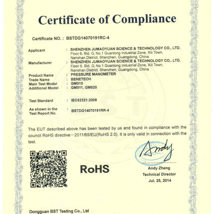 BENETECH GM510 LCD Display Pressure Manometer