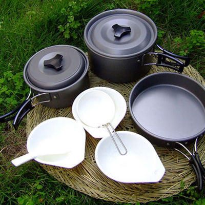 Outdoor Camping Ultra Light Weight 9 Piece Cookware Stackable Set, 9 Piece Cookware