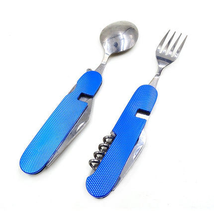 6-in-1 Stainless Steel Travel / Camping Folding Cutlery Set, Spoon + Fork + Knife +  Bottle Opener Set