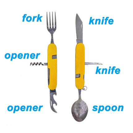 6-in-1 Stainless Steel Travel / Camping Folding Cutlery Set, Spoon + Fork + Knife +  Bottle Opener Set
