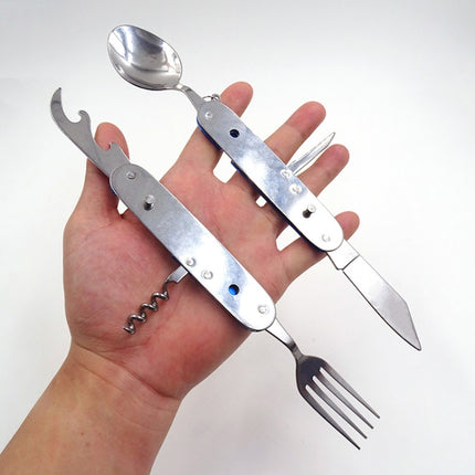 6-in-1 Stainless Steel Travel / Camping Folding Cutlery Set, Spoon + Fork + Knife +  Bottle Opener Set
