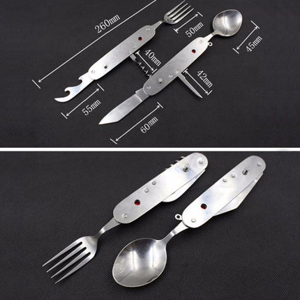 6-in-1 Stainless Steel Travel / Camping Folding Cutlery Set, Spoon + Fork + Knife +  Bottle Opener Set