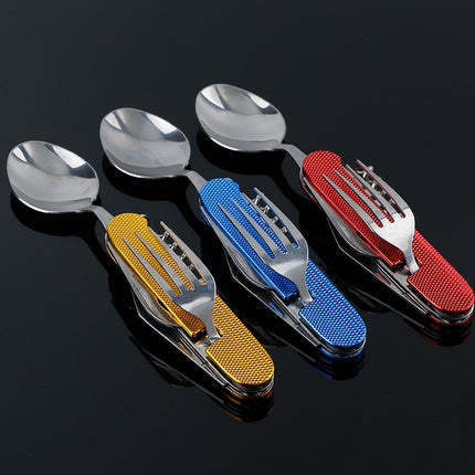 6-in-1 Stainless Steel Travel / Camping Folding Cutlery Set, Spoon + Fork + Knife +  Bottle Opener Set