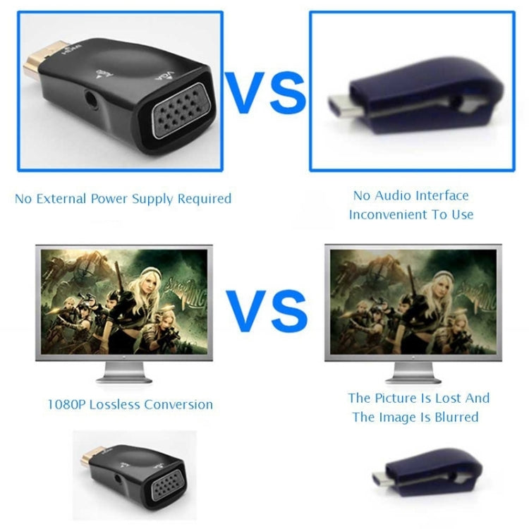 Full HD 1080P HDMI to VGA and Audio Adapter for HDTV / Monitor / Projector, HDMI Male to VGA + Audio (Black)