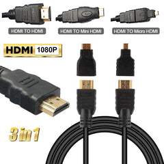 3 in 1 Full HD 1080P HDMI Cable Adaptor Kit (1.5m HDMI Cable + HDMI to Mini HDMI Adaptor + HDMI to Micro HDMI Adaptor)